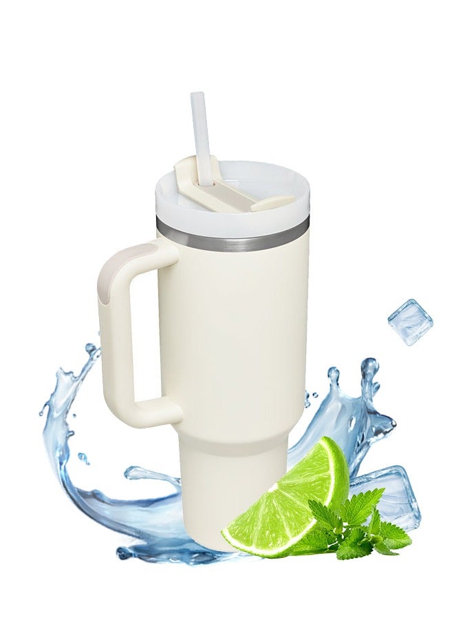 كوب بسعة 1200 مل مع مقبض وغطاء بمصاصة معزول بسعة 40 أونصة زجاجة ماء قابلة لإعادة الاستخدام من الفولاذ المقاوم للصدأ المعزولة بالفراغ كوب للسفر قهوة مثلجة للمشروبات الساخنة والباردة - Image 1