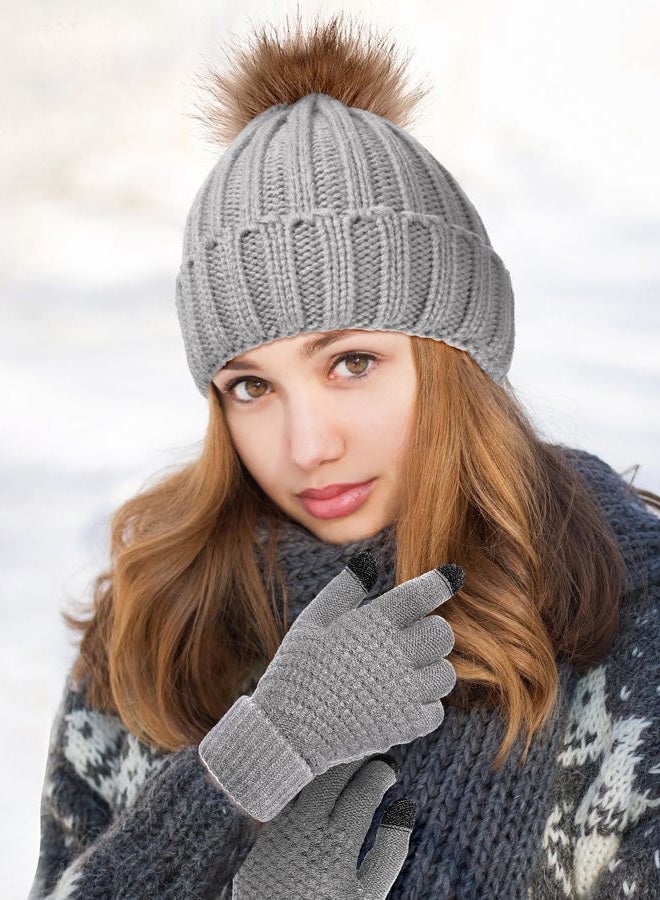 JaGely 8 Pcs Womens Winter Knitted Beanie Hat Glove Set Warm Knit Skull Cap Beanie Soft Ski Cuff Cap Knit Touchscreen Gloves Thermal Texting Gloves with Faux Fur Pom, Black, White, Grey, Pink, One size - Image 5