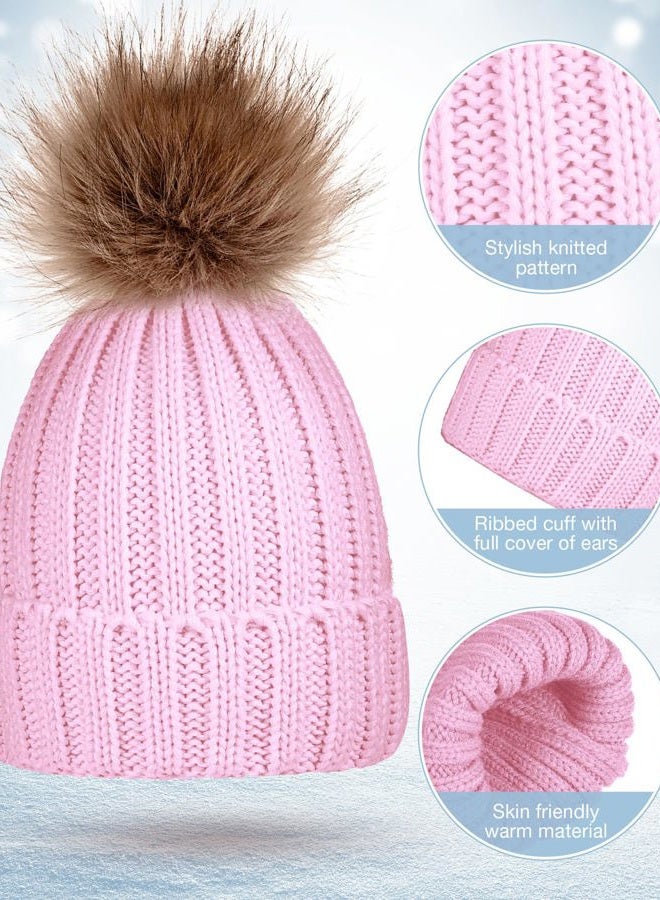 JaGely 8 Pcs Womens Winter Knitted Beanie Hat Glove Set Warm Knit Skull Cap Beanie Soft Ski Cuff Cap Knit Touchscreen Gloves Thermal Texting Gloves with Faux Fur Pom, Black, White, Grey, Pink, One size - Image 3