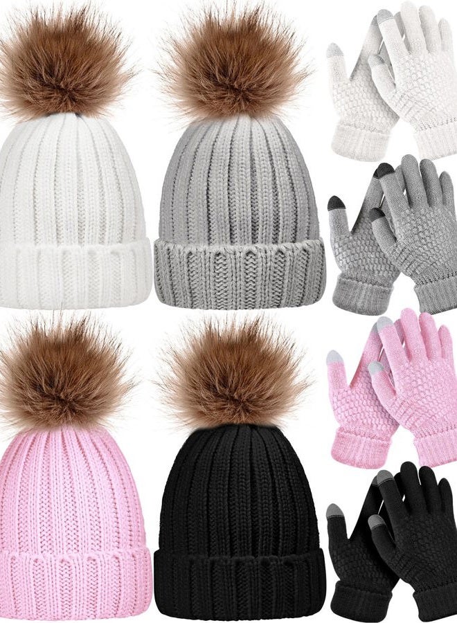 JaGely 8 Pcs Womens Winter Knitted Beanie Hat Glove Set Warm Knit Skull Cap Beanie Soft Ski Cuff Cap Knit Touchscreen Gloves Thermal Texting Gloves with Faux Fur Pom, Black, White, Grey, Pink, One size - Image 1