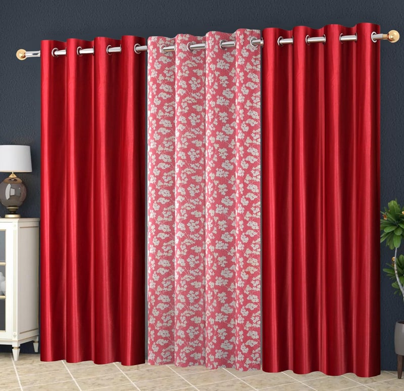 YUKANY Polyester Floral Printed Eyelets Curtains 7 Feet Long Set of 3 for Window Door Living Room Bedroom Eyelet Parda Maroon Red - Image 1