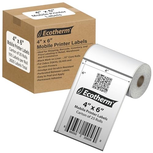 Ecotherm 4" x 6" Mobile Printer Labels | 25 Rolls | 2625 Labels | fits Zebra ZQ630, QL420, and QLn420 Printers | Black Mark On Liner | .75" Core Rolls | by Ecotherm - Image 1