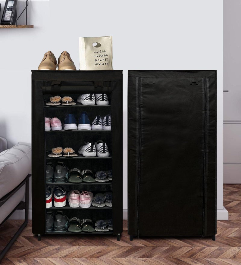 ROBMOB Metal Multipurpose 6-Tiers Shoe Rack For Home With Dustproof Improvement Furniture & Chappal Stand| Wardrobe| Black, 40X10X2 Cm - Image 1