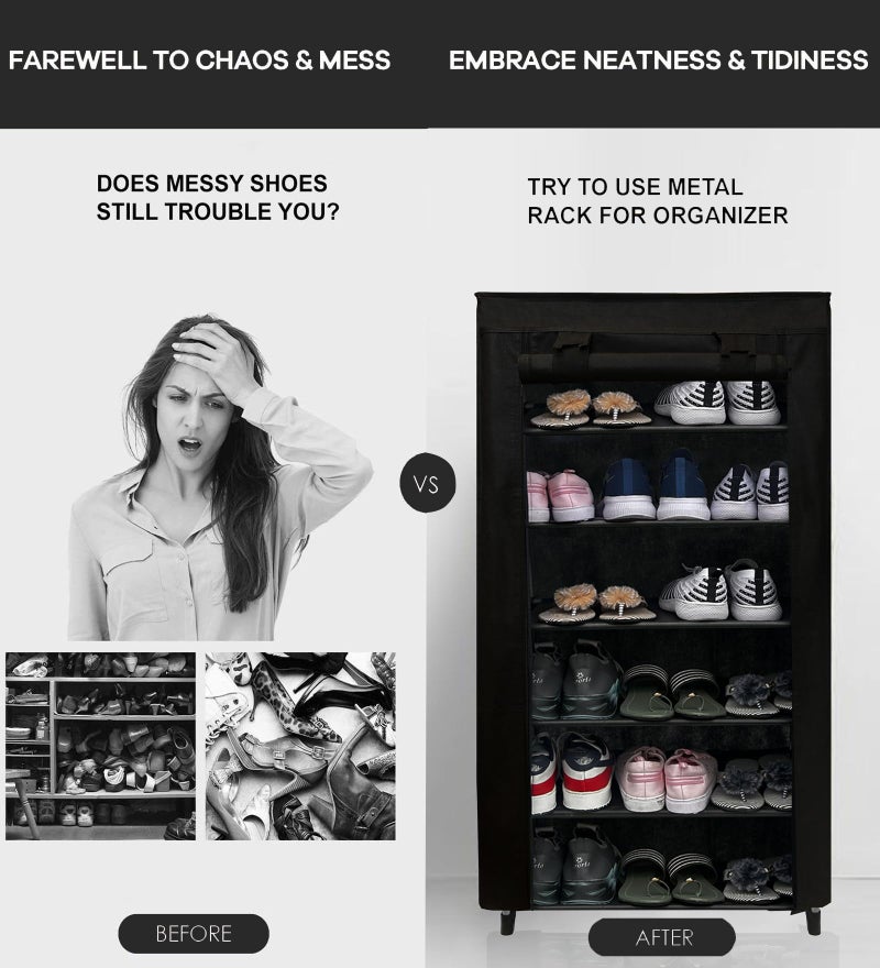 ROBMOB Metal Multipurpose 6-Tiers Shoe Rack For Home With Dustproof Improvement Furniture & Chappal Stand| Wardrobe| Black, 40X10X2 Cm - Image 3