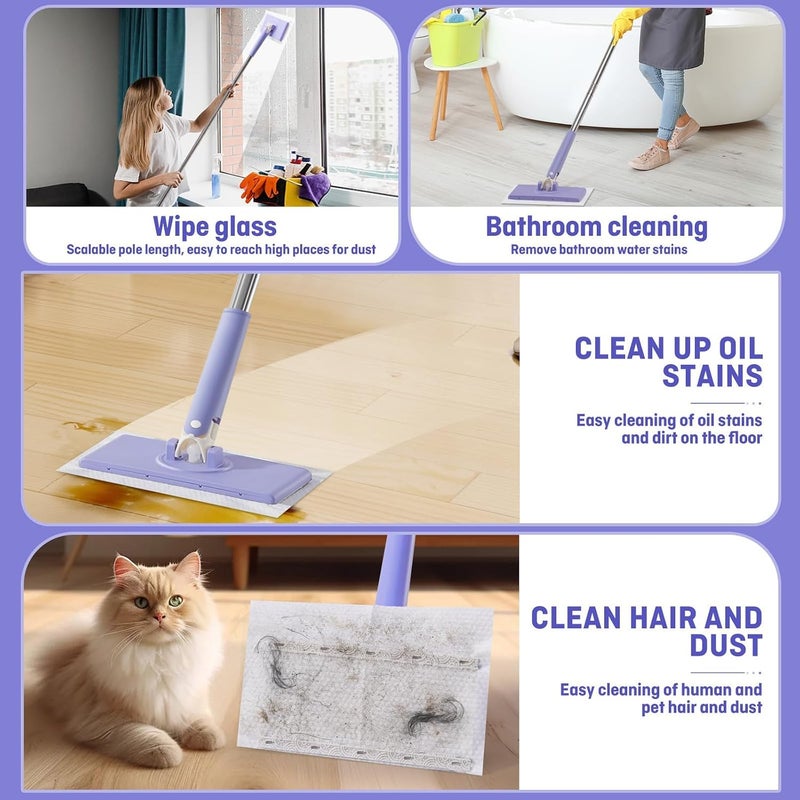 PINKE Automatic Cloth Changing Mini Mop, Hands-Free Mop with 360° Rotating Head, Portable Push-Pull Handle, Versatile Dust Mops for Dry & Wet Cleaning, Bathroom, Kitchen, and Floors, Purple - Image 4