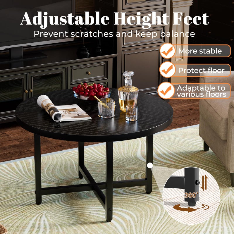 FAMIDGE Round Coffee Table, Small Coffee Tables for Living Room, Black Coffee Table with Metal Frame, Floor Table Desk for Sitting on The Floor, Home, Office, Farmhouse, Black (23.6" D x 17.7" H) - Image 3