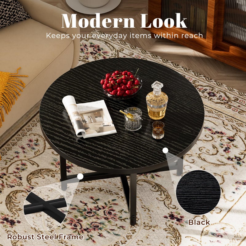 FAMIDGE Round Coffee Table, Small Coffee Tables for Living Room, Black Coffee Table with Metal Frame, Floor Table Desk for Sitting on The Floor, Home, Office, Farmhouse, Black (23.6" D x 17.7" H) - Image 4