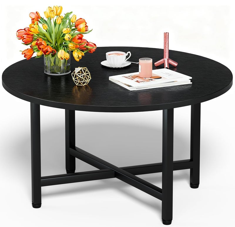 FAMIDGE Round Coffee Table, Small Coffee Tables for Living Room, Black Coffee Table with Metal Frame, Floor Table Desk for Sitting on The Floor, Home, Office, Farmhouse, Black (23.6" D x 17.7" H) - Image 1