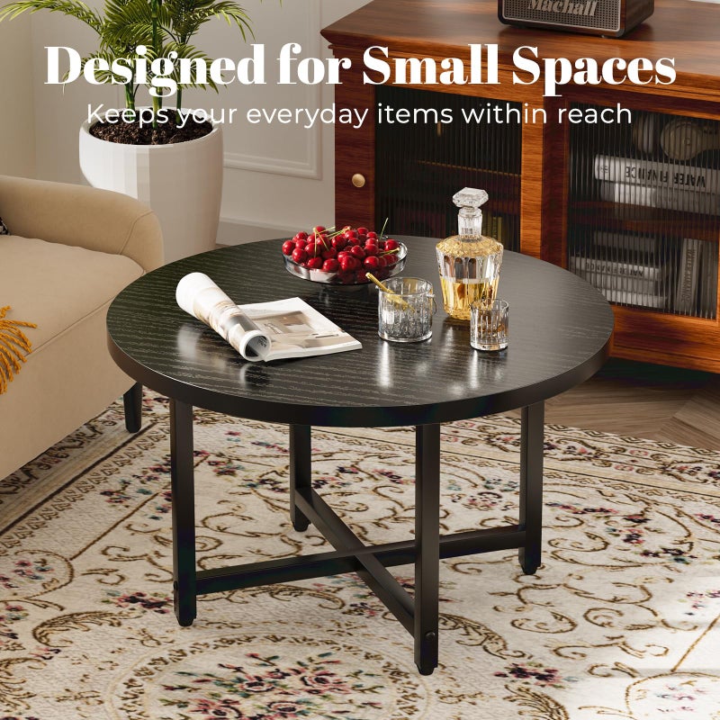 FAMIDGE Round Coffee Table, Small Coffee Tables for Living Room, Black Coffee Table with Metal Frame, Floor Table Desk for Sitting on The Floor, Home, Office, Farmhouse, Black (23.6" D x 17.7" H) - Image 2