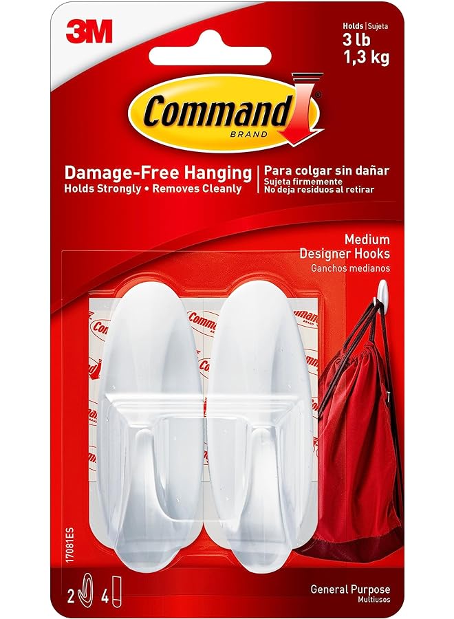 Command 17081Es Designer Hooks Medium Holds 1.3Kg White Color Decorate DamageFree. 2 Hooks And 3 Strips/Pack - Image 1
