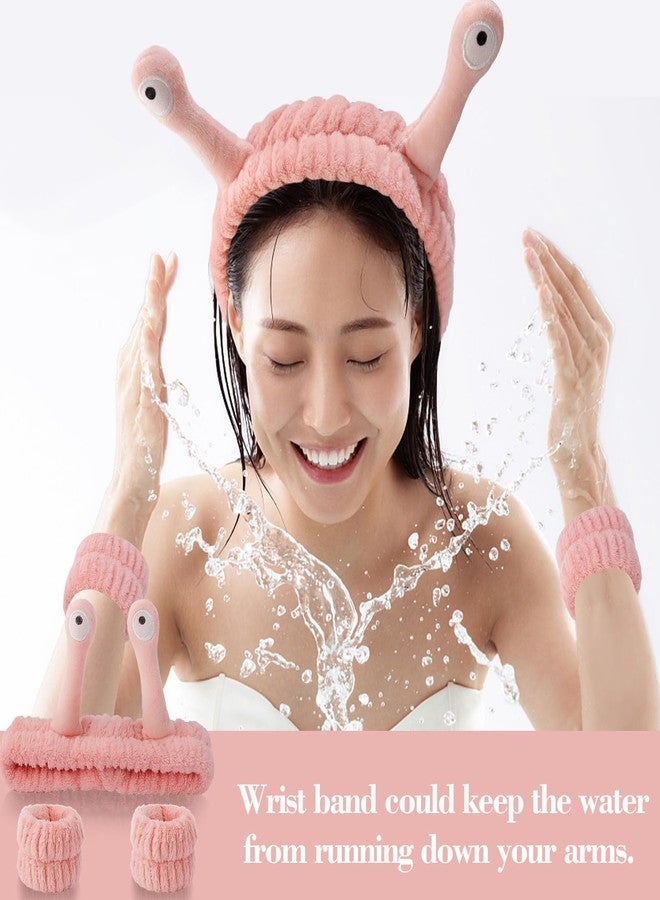 SuPoo 3pcs Snail Face Wash Headband, Wristband and Hair Wrap Set - Funny Pink Puffy Makeup Headbands, Cute Spa Towels and Hair Accessory - Image 2