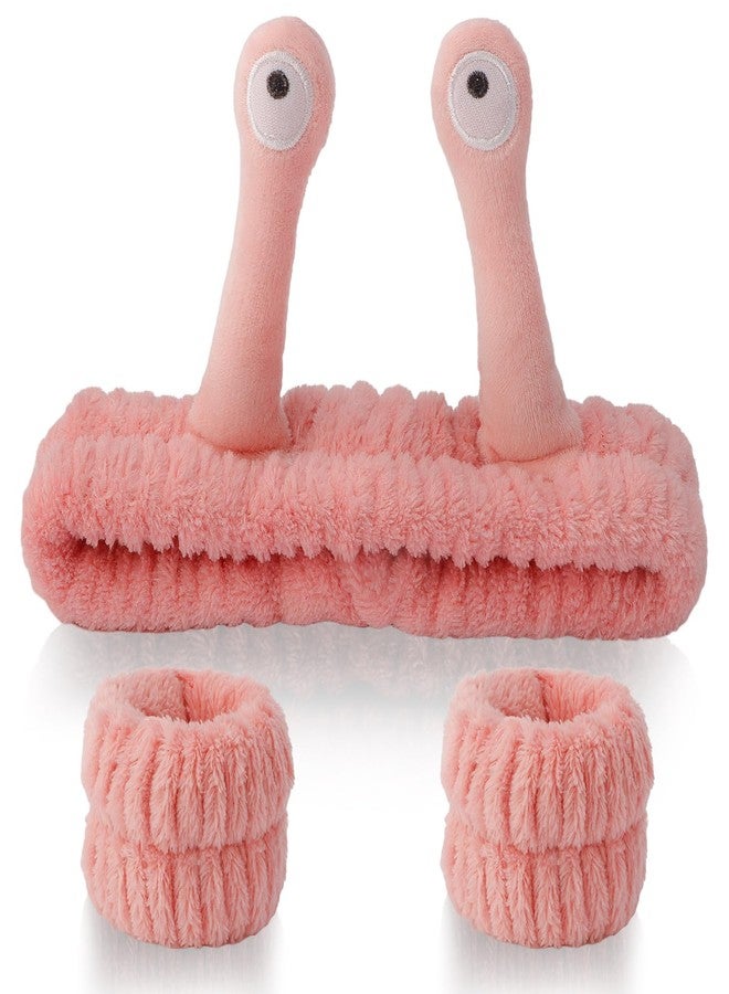 SuPoo 3pcs Snail Face Wash Headband, Wristband and Hair Wrap Set - Funny Pink Puffy Makeup Headbands, Cute Spa Towels and Hair Accessory - Image 1