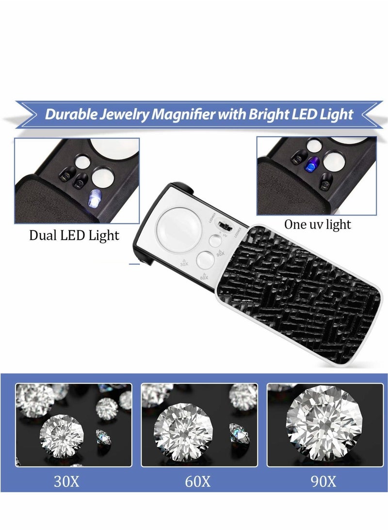 Generic - 2 Pieces Jewelers Loupe 30X 60X 90X Illuminated Jewelers Eye Loupe Magnifier Jewelry Magnifying Glass Loop with UV Black Light and Bright LED Light for Jewelry Diamond Gem Coin Stamp Rock - Image 1
