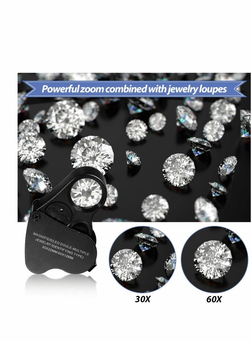 Generic - 2 Pieces Jewelers Loupe 30X 60X 90X Illuminated Jewelers Eye Loupe Magnifier Jewelry Magnifying Glass Loop with UV Black Light and Bright LED Light for Jewelry Diamond Gem Coin Stamp Rock - Image 1