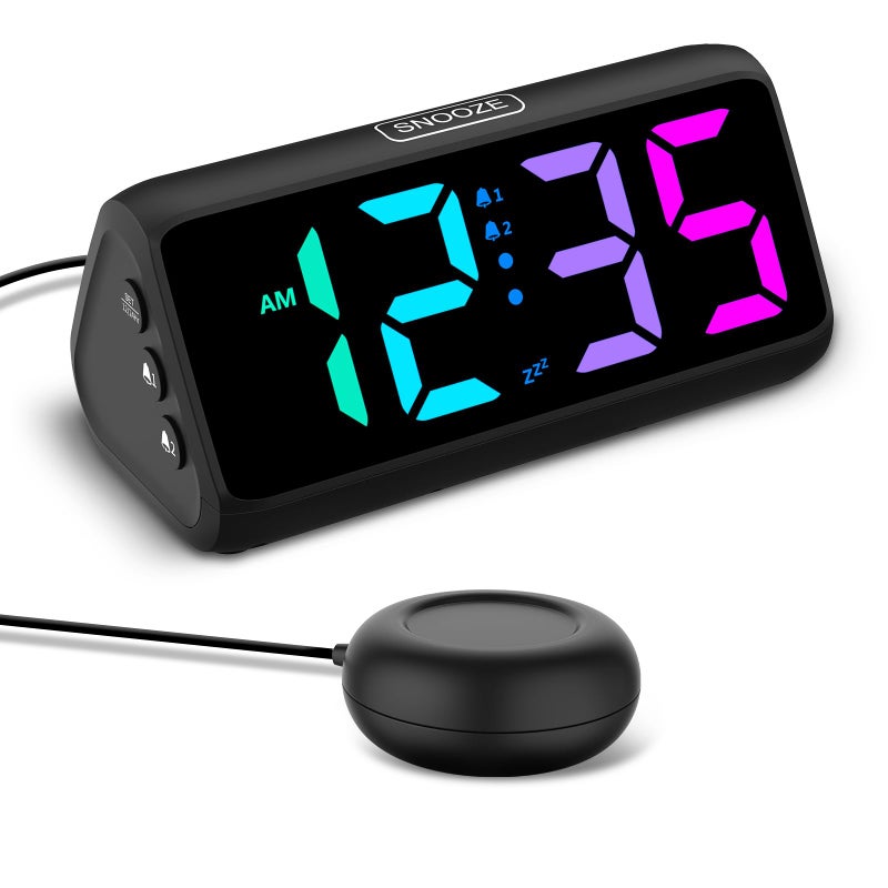 Netzu Loud Alarm Clock for Heavy Sleepers, Plug-in RGB Vibrating Alarm Clocks with Bed Shaker, 5 Dimmers, 2 Alarms and Snooze for Bedrooms Hearing Impaired Deaf Adults (Black) - Image 1