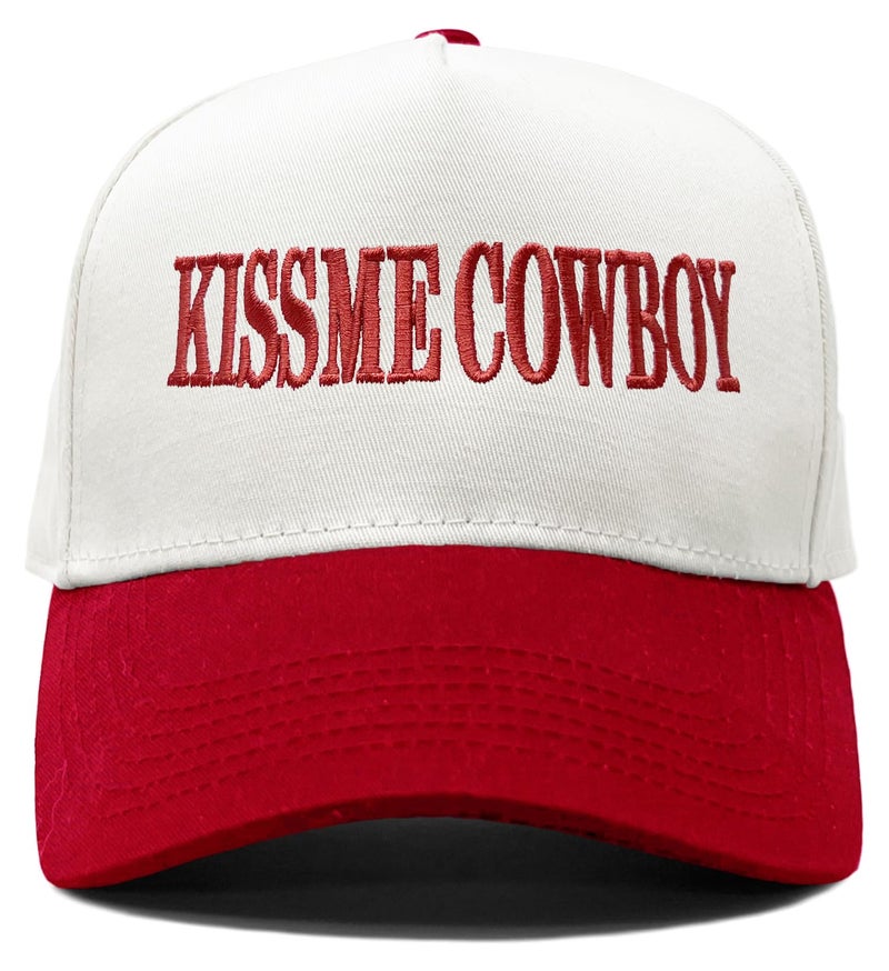 Funky Junque Women's Western Trucker Hat Kiss Me Cowboy Cute Funny Embroidered Snapback Cap Adjustable - Kiss Me Cowboy - White/Red - Image 1