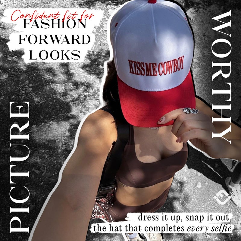 Funky Junque Women's Western Trucker Hat Kiss Me Cowboy Cute Funny Embroidered Snapback Cap Adjustable - Kiss Me Cowboy - White/Red - Image 4