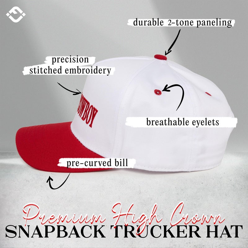 Funky Junque Women's Western Trucker Hat Kiss Me Cowboy Cute Funny Embroidered Snapback Cap Adjustable - Kiss Me Cowboy - White/Red - Image 3