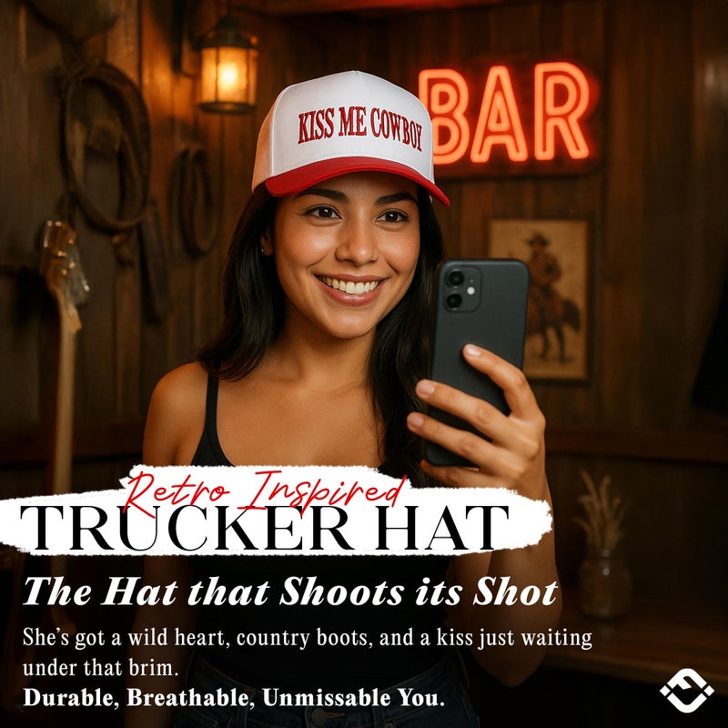 Funky Junque Women's Western Trucker Hat Kiss Me Cowboy Cute Funny Embroidered Snapback Cap Adjustable - Kiss Me Cowboy - White/Red - Image 5
