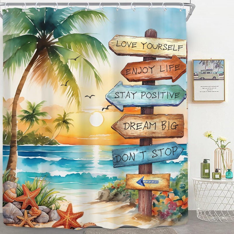 Riyidecor Tropical Beach Palm Tree Shower Curtain for Bathroom Decor 60Wx72H Summer Coastal Nautical Ocean Quotes Sunset Inspirational Art Printed Fabric Polyester Waterproof 12 Pack Plastic Hooks - Image 1