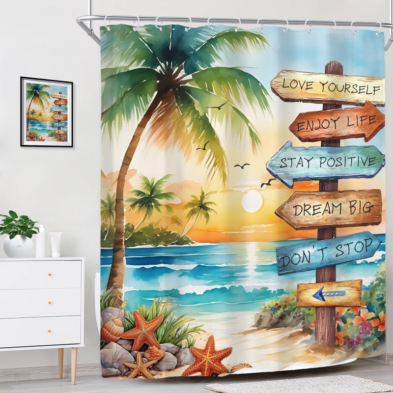 Riyidecor Tropical Beach Palm Tree Shower Curtain for Bathroom Decor 60Wx72H Summer Coastal Nautical Ocean Quotes Sunset Inspirational Art Printed Fabric Polyester Waterproof 12 Pack Plastic Hooks - Image 3