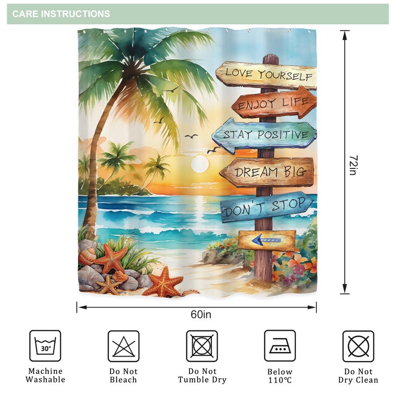 Riyidecor Tropical Beach Palm Tree Shower Curtain for Bathroom Decor 60Wx72H Summer Coastal Nautical Ocean Quotes Sunset Inspirational Art Printed Fabric Polyester Waterproof 12 Pack Plastic Hooks - Image 5