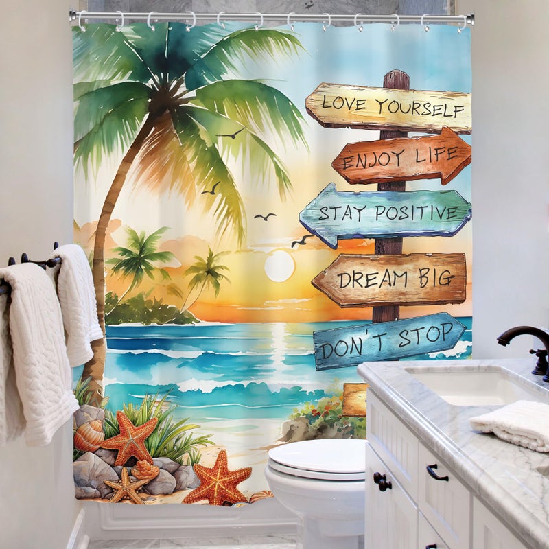 Riyidecor Tropical Beach Palm Tree Shower Curtain for Bathroom Decor 60Wx72H Summer Coastal Nautical Ocean Quotes Sunset Inspirational Art Printed Fabric Polyester Waterproof 12 Pack Plastic Hooks - Image 4
