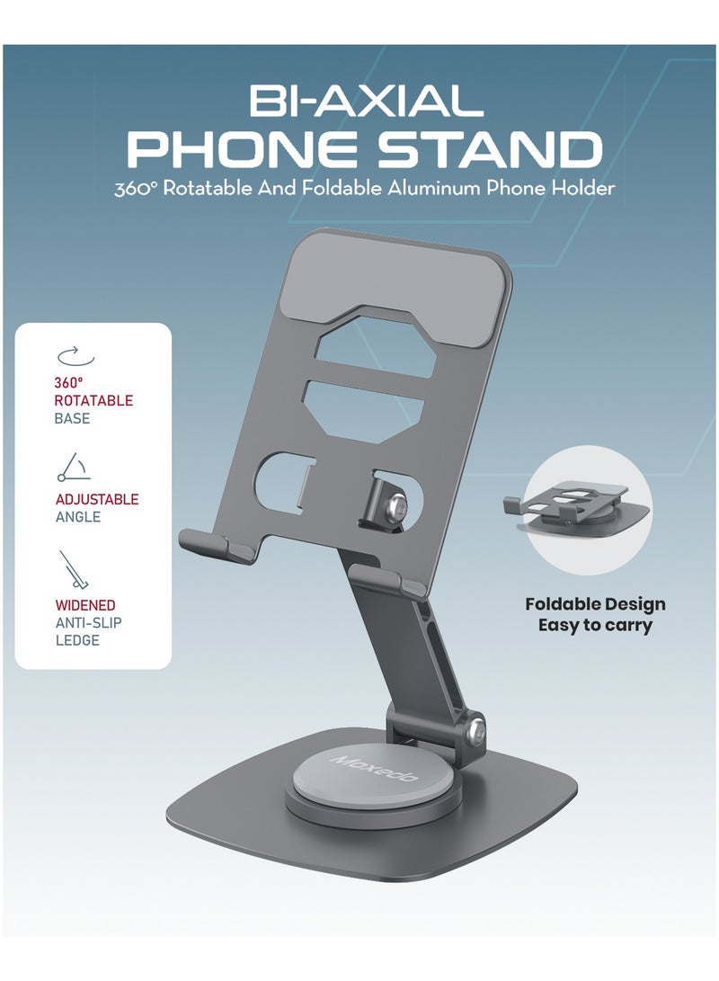 Moxedo Bi-Axial Mobile Phone Stand 360° Rotatable Height Adjustable Foldable Design Aluminum Phone Holder for Desk Compatible with Devices up to 7.0” - Image 2
