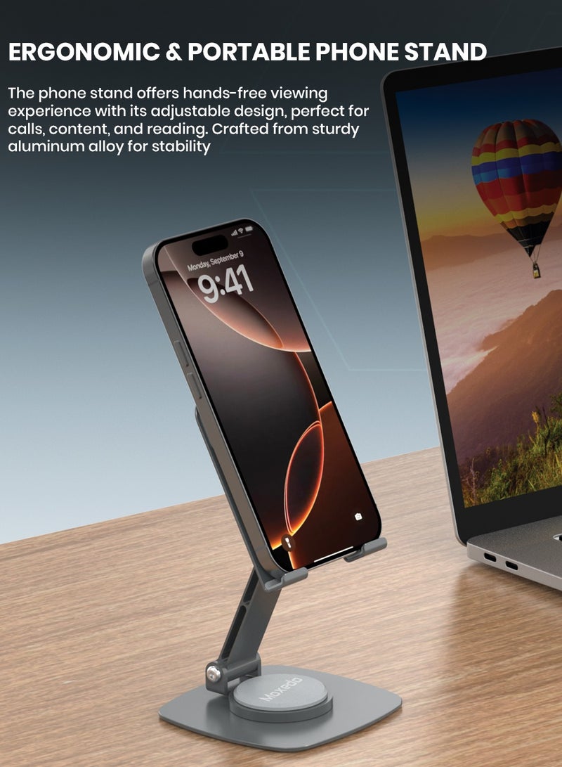 Moxedo Bi-Axial Mobile Phone Stand 360° Rotatable Height Adjustable Foldable Design Aluminum Phone Holder for Desk Compatible with Devices up to 7.0” - Image 3