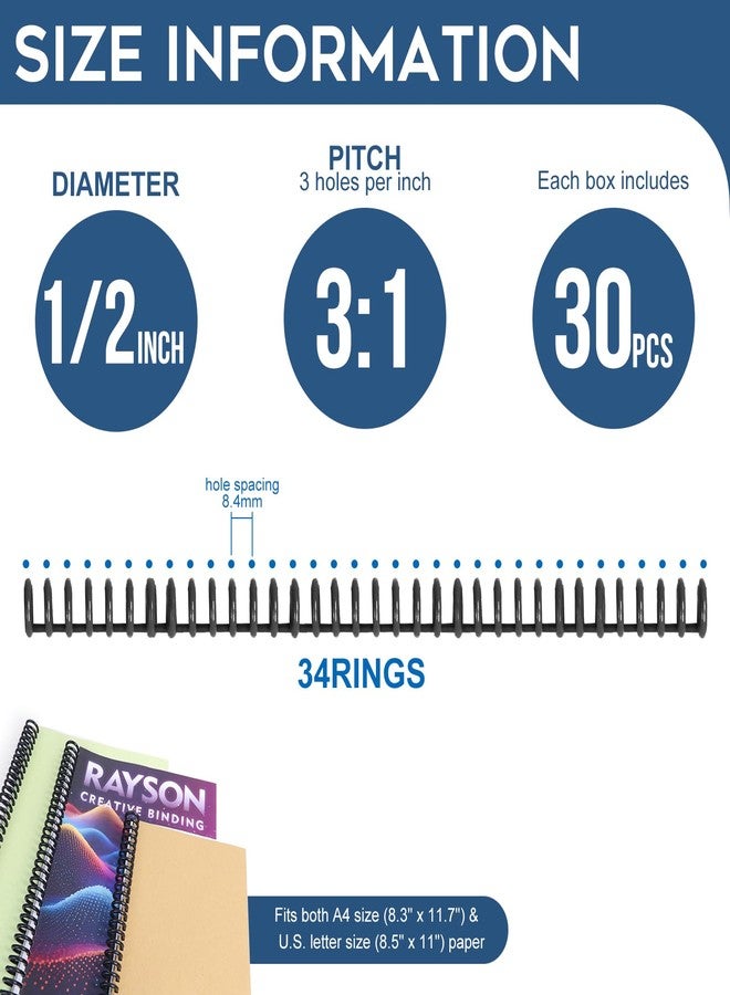 Rayson PROC1230BK Click Binding Spines, 3:1 Pitch, 1/2" Diameter, 90 Sheets Binding Capacity, Black, 30/Box - Image 2