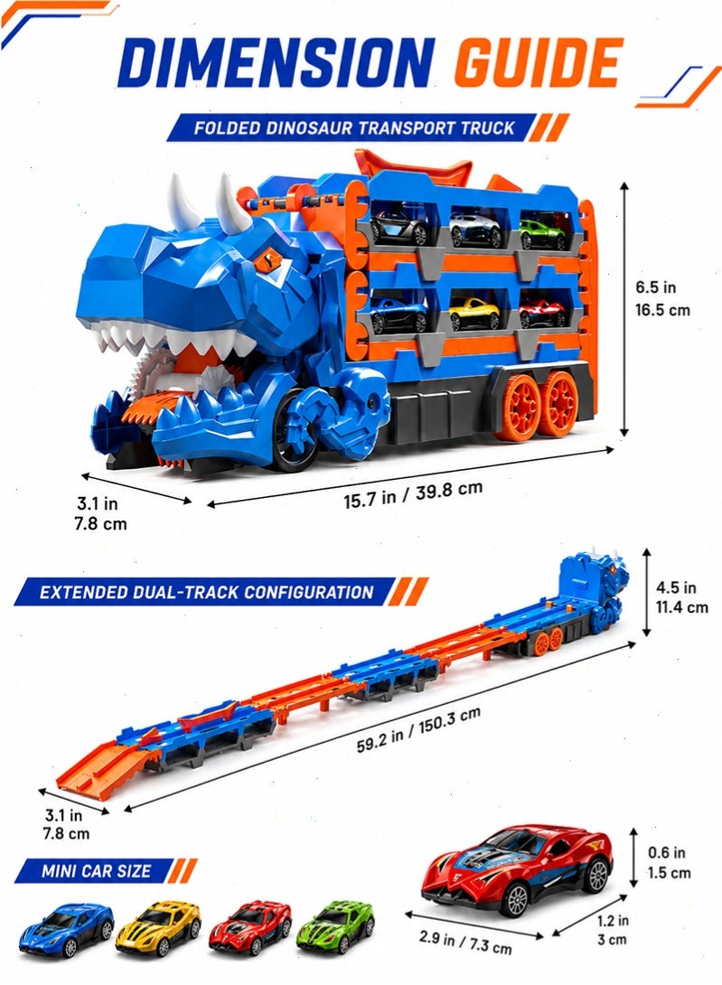 Topyich Dinosaur Transport Truck Toy, Transformable Race Track Storage Truck with Mini Race Cars, Kids Vehicle Playset Gift for Boys Girls - Image 2