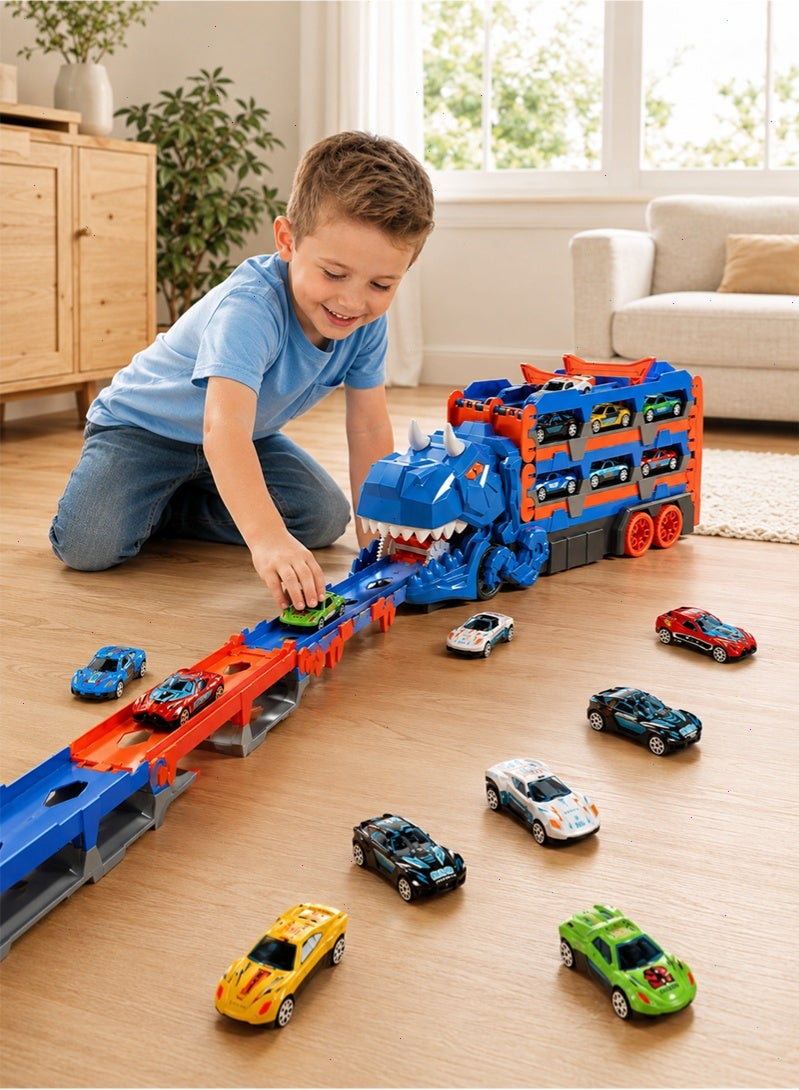 Topyich Dinosaur Transport Truck Toy, Transformable Race Track Storage Truck with Mini Race Cars, Kids Vehicle Playset Gift for Boys Girls - Image 5