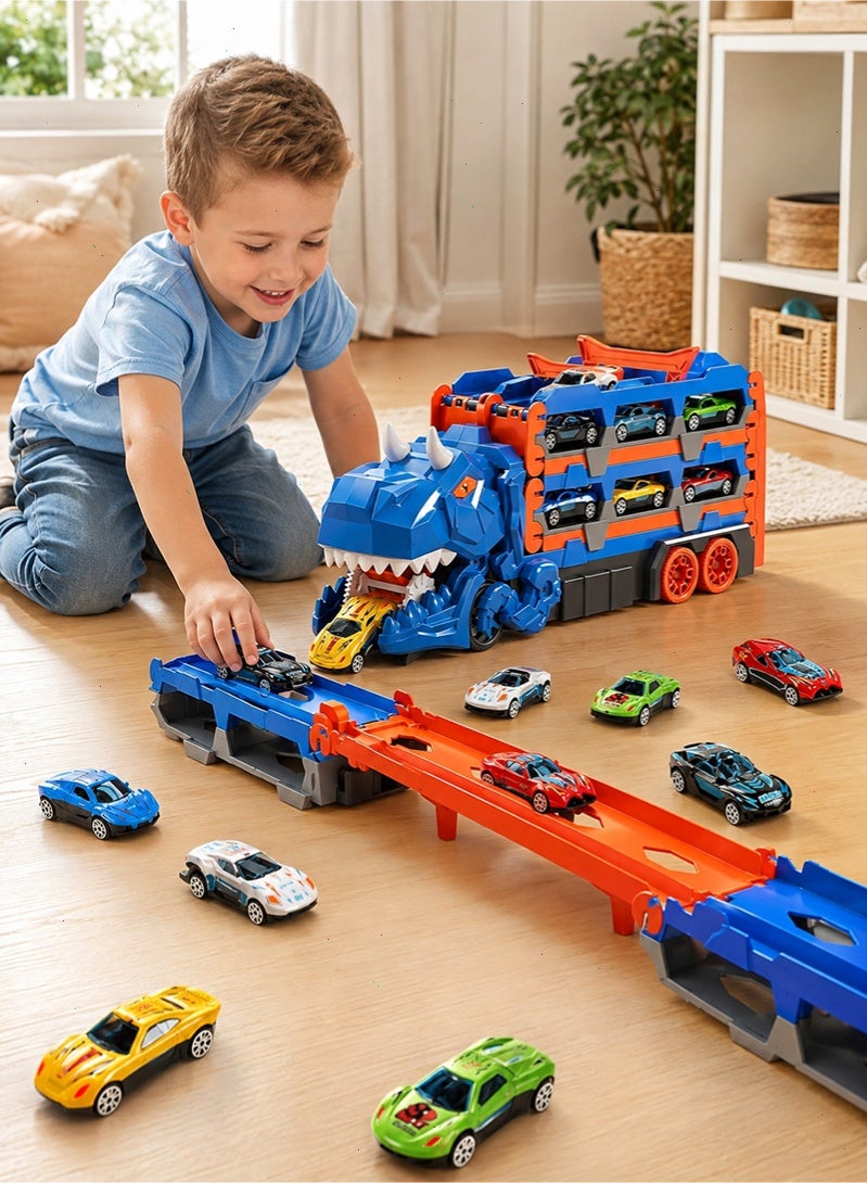 Topyich Dinosaur Transport Truck Toy, Transformable Race Track Storage Truck with Mini Race Cars, Kids Vehicle Playset Gift for Boys Girls - Image 1