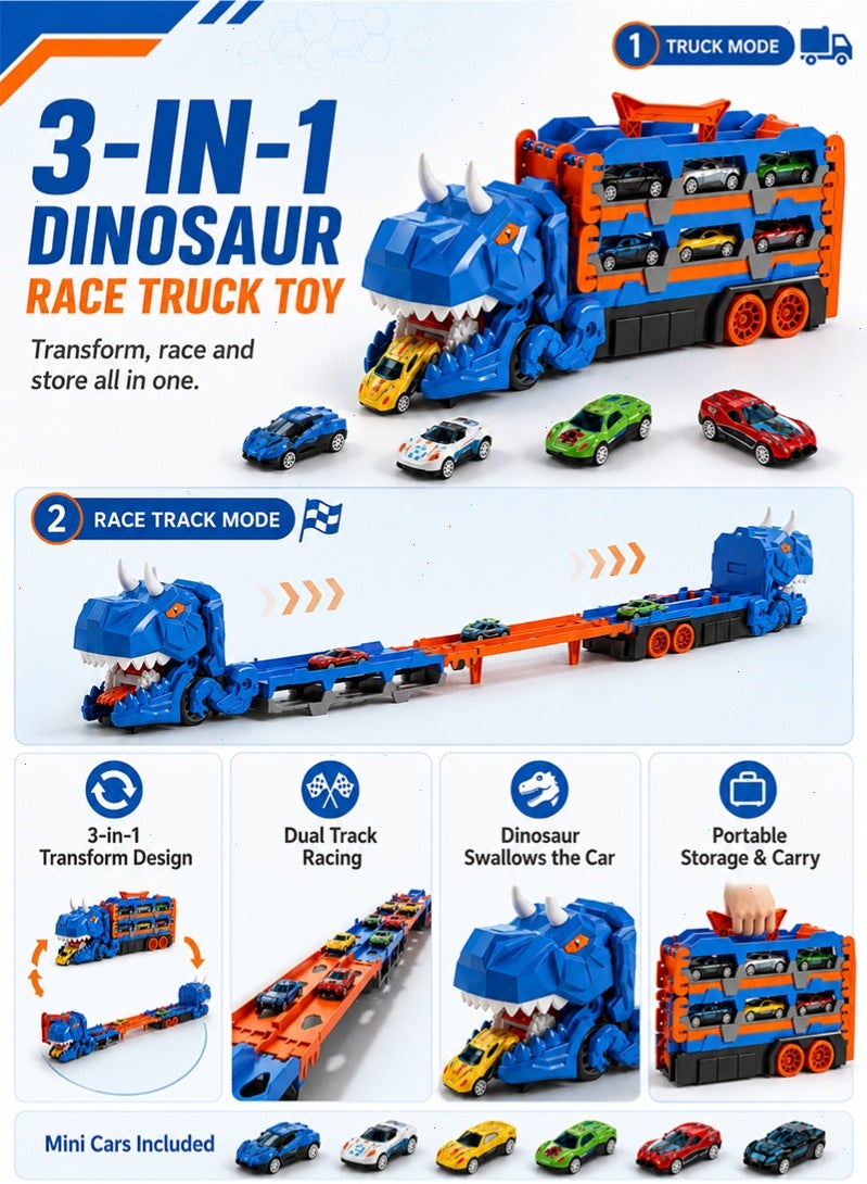 Topyich Dinosaur Transport Truck Toy, Transformable Race Track Storage Truck with Mini Race Cars, Kids Vehicle Playset Gift for Boys Girls - Image 3