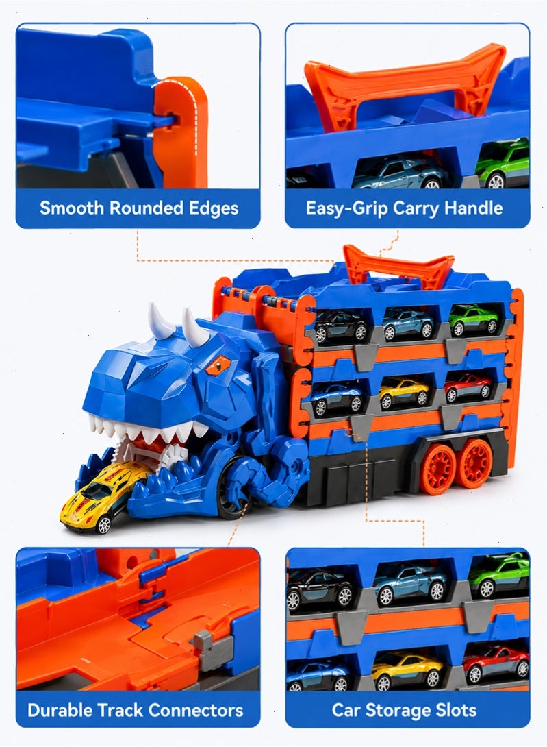 Topyich Dinosaur Transport Truck Toy, Transformable Race Track Storage Truck with Mini Race Cars, Kids Vehicle Playset Gift for Boys Girls - Image 4