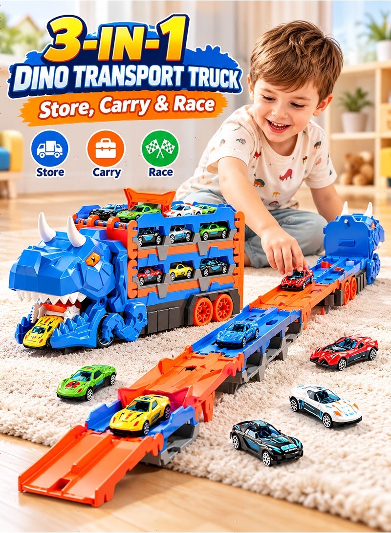 Topyich Dinosaur Transport Truck Toy, Transformable Race Track Storage Truck with Mini Race Cars, Kids Vehicle Playset Gift for Boys Girls（The colour box is green） - Image 1