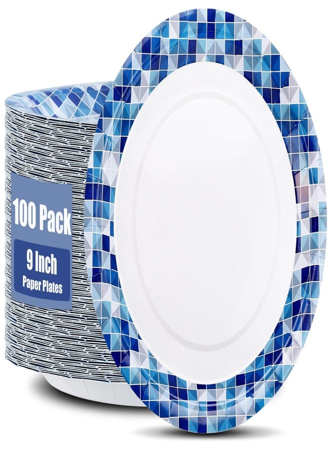 Bgtecho 100 Pack Disposable Paper Plates, 9 Inch Heavy Duty Disposable Plate, Dinner Plate for Party, Round Paper Plates for Everyday Use, Soak Proof, Cut Proof, Blue Printed - Image 1