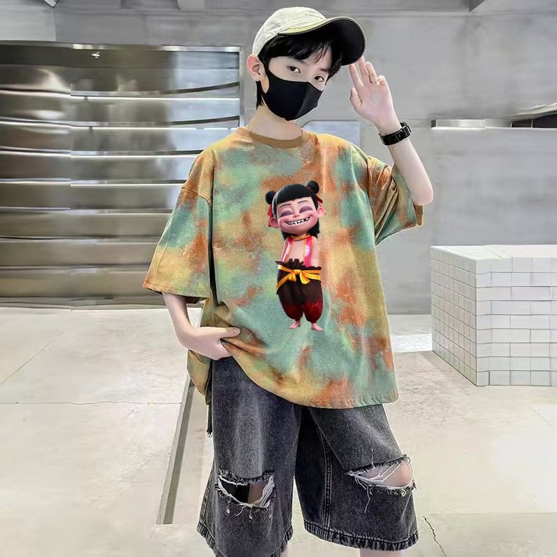 Boys' Short-sleeved Children's 2025 T-shirt Cotton New Half-sleeved Loose Tie-dyed Top for Middle and Big Children for Summer - Image 2