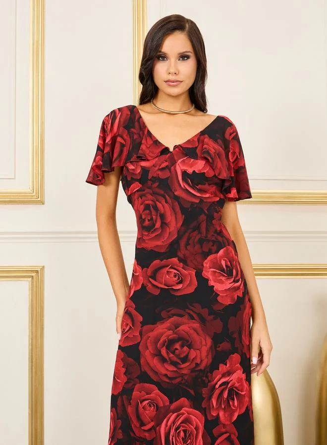 Styli Rose Print Cape Sleeves V Neck A-Line Maxi Dress