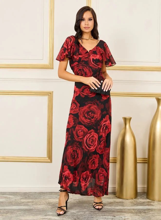 Styli Rose Print Cape Sleeves V Neck A-Line Maxi Dress