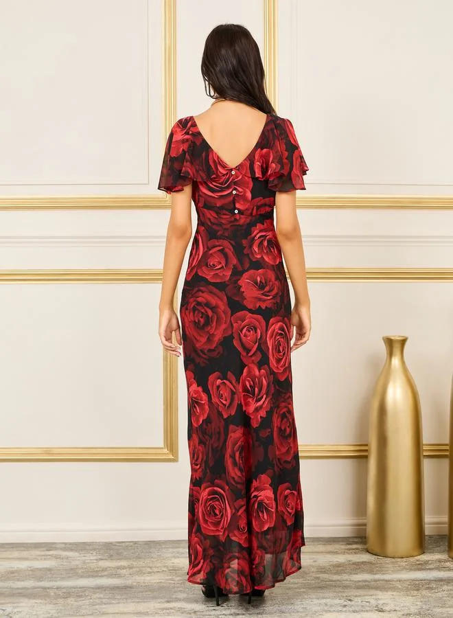 Styli Rose Print Cape Sleeves V Neck A-Line Maxi Dress