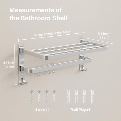EVANEX Towel Holder in Bathroom - Towel Hanger for Wall, 304 Stainless Steel Foldable Towel Rack, Rustproof Wall Mounted Towel Rack in Bathroom, Heavy Duty Bathroom Accessories Set,24 Inch, Silver - Image 2