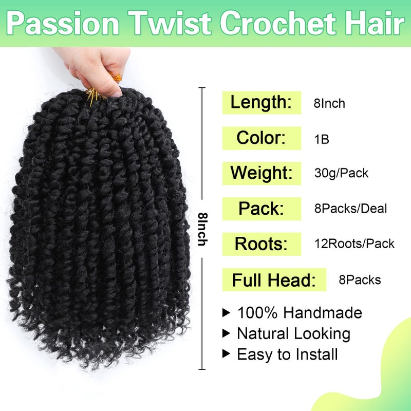 AMELI Passion Twist Crochet Hair 8Inch Passion Twist Hair 8 Packs Pre-Twisted Short Passion Twist Crochet Hair for Black Women Soft Curly Crochet Hair 1B - Image 2