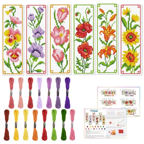 ORIGACH 6 Set Flowers Cross Stitch Bookmark Kit for Beginner with Backing Felt Floss Instructions DIY Stamped Embroidery Bookmark Kit for Adults, Book Lovers - Image 1