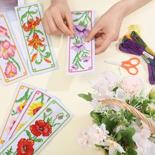 ORIGACH 6 Set Flowers Cross Stitch Bookmark Kit for Beginner with Backing Felt Floss Instructions DIY Stamped Embroidery Bookmark Kit for Adults, Book Lovers - Image 3