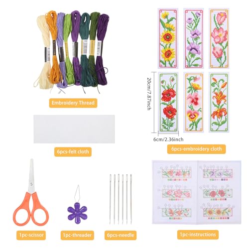 ORIGACH 6 Set Flowers Cross Stitch Bookmark Kit for Beginner with Backing Felt Floss Instructions DIY Stamped Embroidery Bookmark Kit for Adults, Book Lovers - Image 2