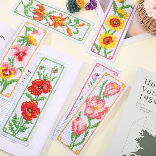 ORIGACH 6 Set Flowers Cross Stitch Bookmark Kit for Beginner with Backing Felt Floss Instructions DIY Stamped Embroidery Bookmark Kit for Adults, Book Lovers - Image 5
