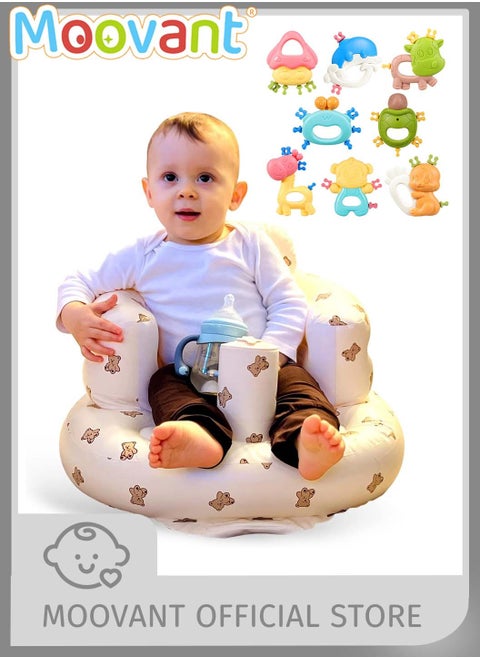 Baby Inflatable Seat with 8 PCS Teething Toys, Portable Baby Chair Air Sofa, Baby Bath Seat, Summer Baby Support Seat, Baby Floor Seat, Heart Bear Pattern