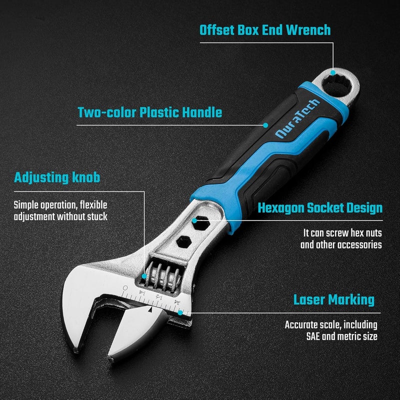 DURATECH 6 Inch Adjustable Wrench, 3-in-1 Spanner with Box End/Hex Function, CR-V Steel, Metric & SAE Scales, Chrome-plated, Bi-material soft Grip - Image 2