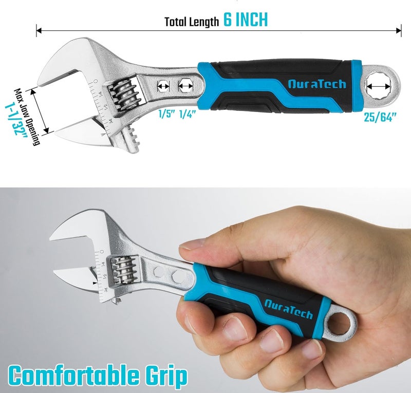 DURATECH 6 Inch Adjustable Wrench, 3-in-1 Spanner with Box End/Hex Function, CR-V Steel, Metric & SAE Scales, Chrome-plated, Bi-material soft Grip - Image 5
